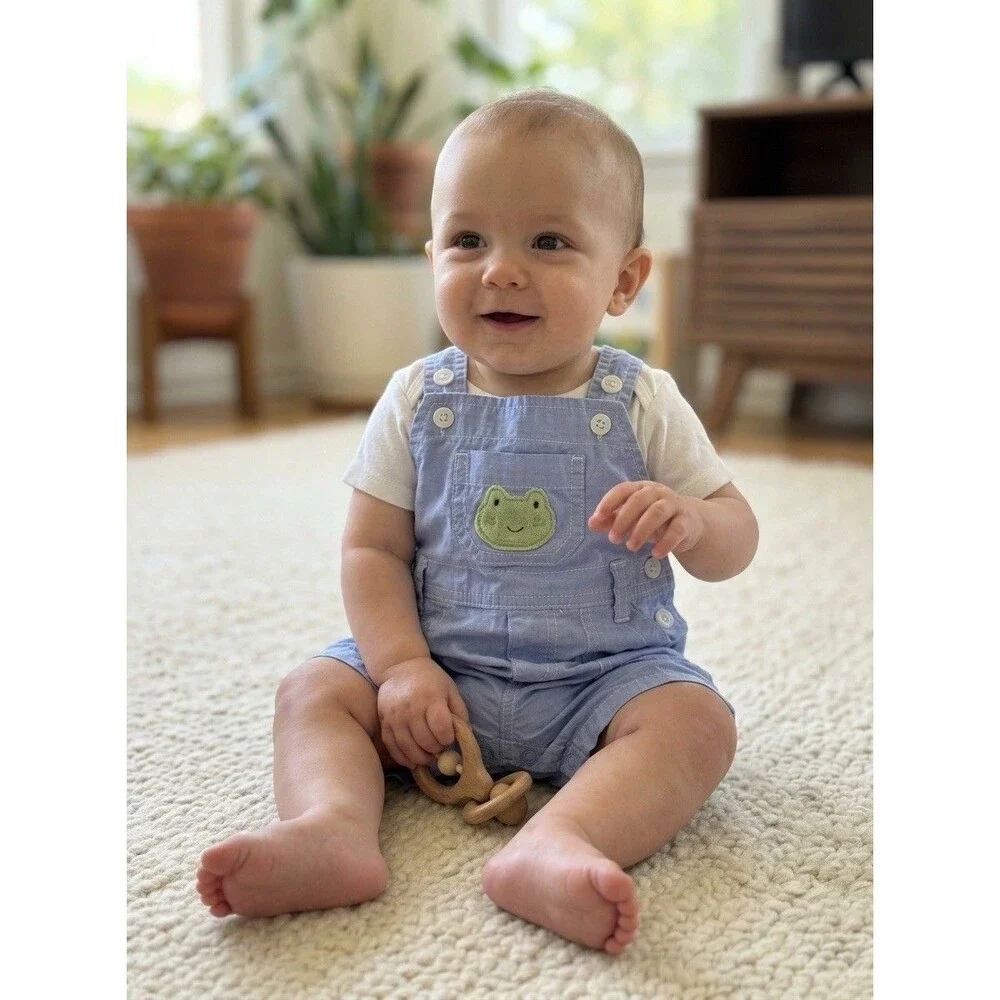 Carter's Boy Short Overall Size 9 Months With Frog Light Blue